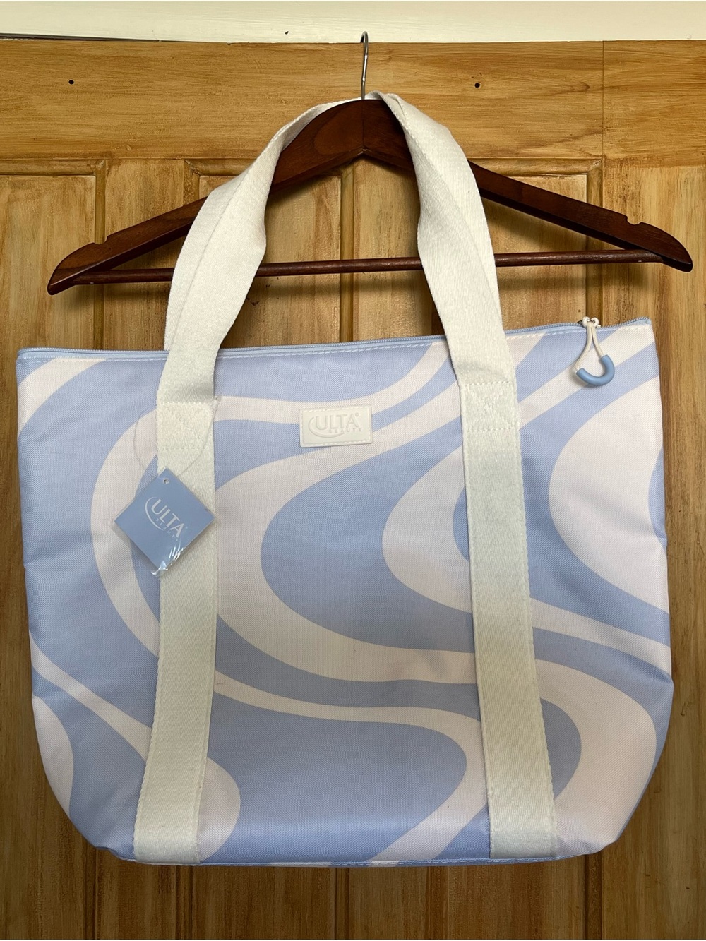 Ulta Beauty Light Blue and White Wave-Print Tote